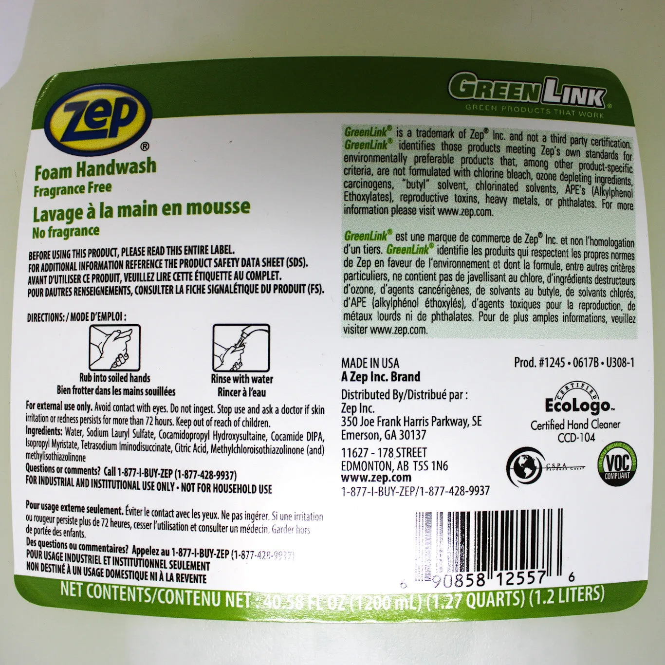 4 Pack of Zep 1200ml Clear Fuzion Unscented Foaming Hand Wash 124516
