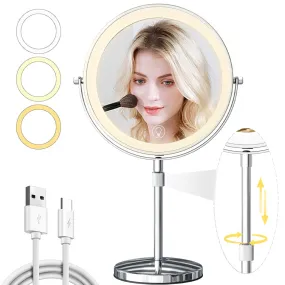 9in Vanity Mirror with Lights, Rechargeable 5000mAh Lighted Makeup Mirror, 1X/20X Double Sided Magnifying Mirror, 360° Rotate, 3 Color Lights, Up to 3800lux with 60 LEDs, Brightness Adjustable,Silvery