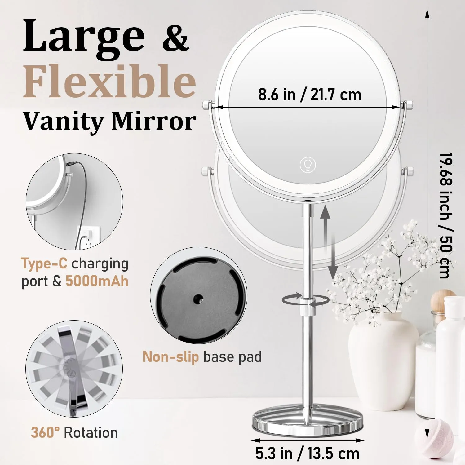 9in Vanity Mirror with Lights, Rechargeable 5000mAh Lighted Makeup Mirror, 1X/20X Double Sided Magnifying Mirror, 360° Rotate, 3 Color Lights, Up to 3800lux with 60 LEDs, Brightness Adjustable,Silvery