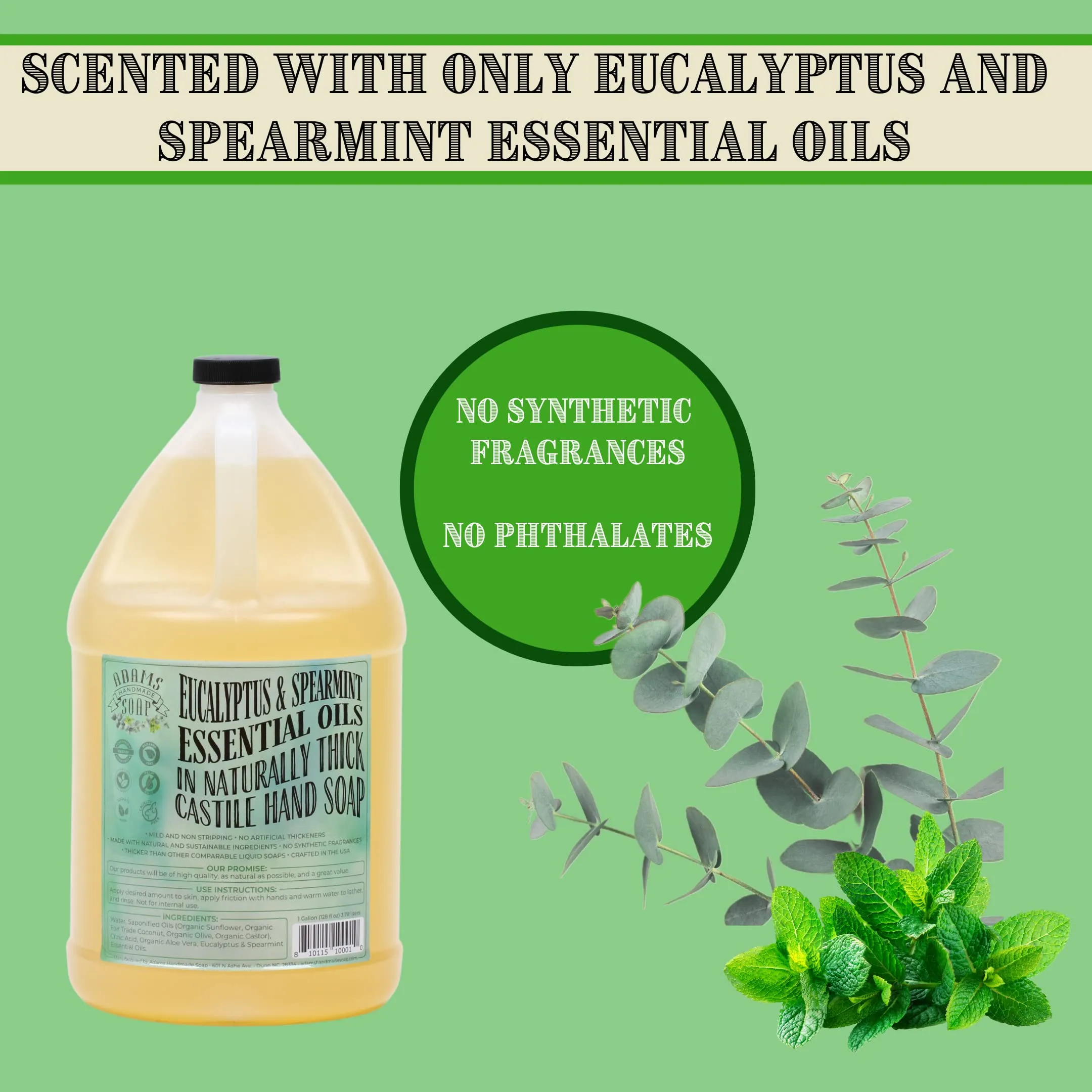 Adams Handmade Soap Liquid Organic Castile Thick Hand Soap 1 Gallon - Eucalyptus Spearmint