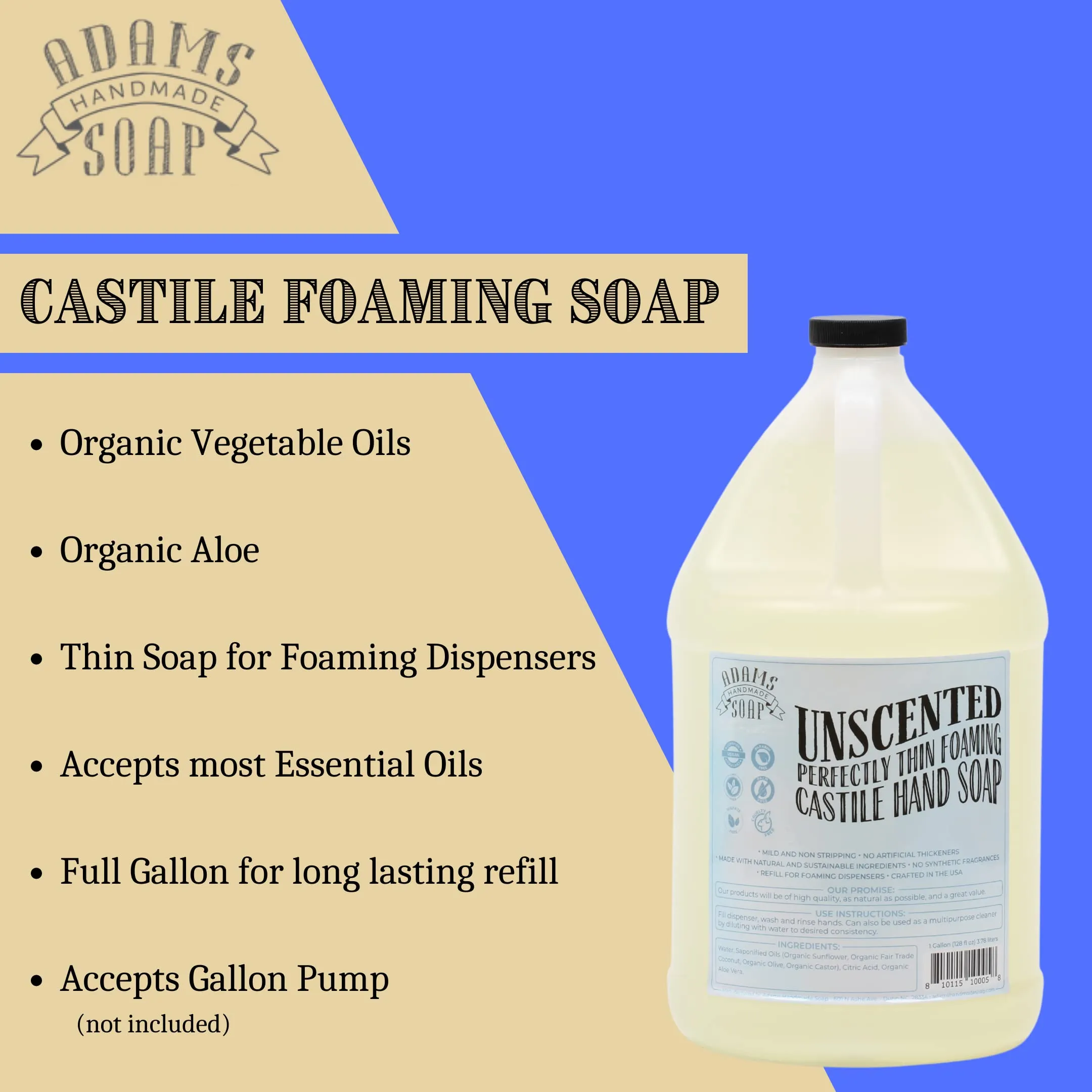 Adams Handmade Soap Thin Castile Foaming Liquid Hand Soap 1 Gallon Refill - Unscented