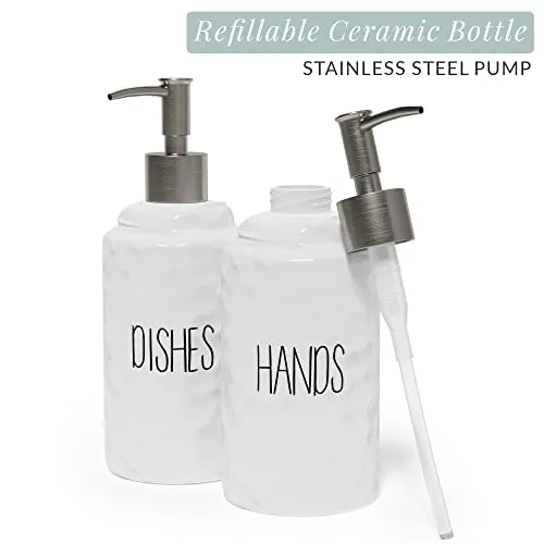 Barnyard Designs 14.5oz Ceramic Hand Soap & Dish Soap Dispenser Set, Farmhouse Kitchen Decor for Countertop, Hand and Dish Soap Dispenser for Kitchen Sink, Farmhouse Decor for Kitchen, White, Set of 2
