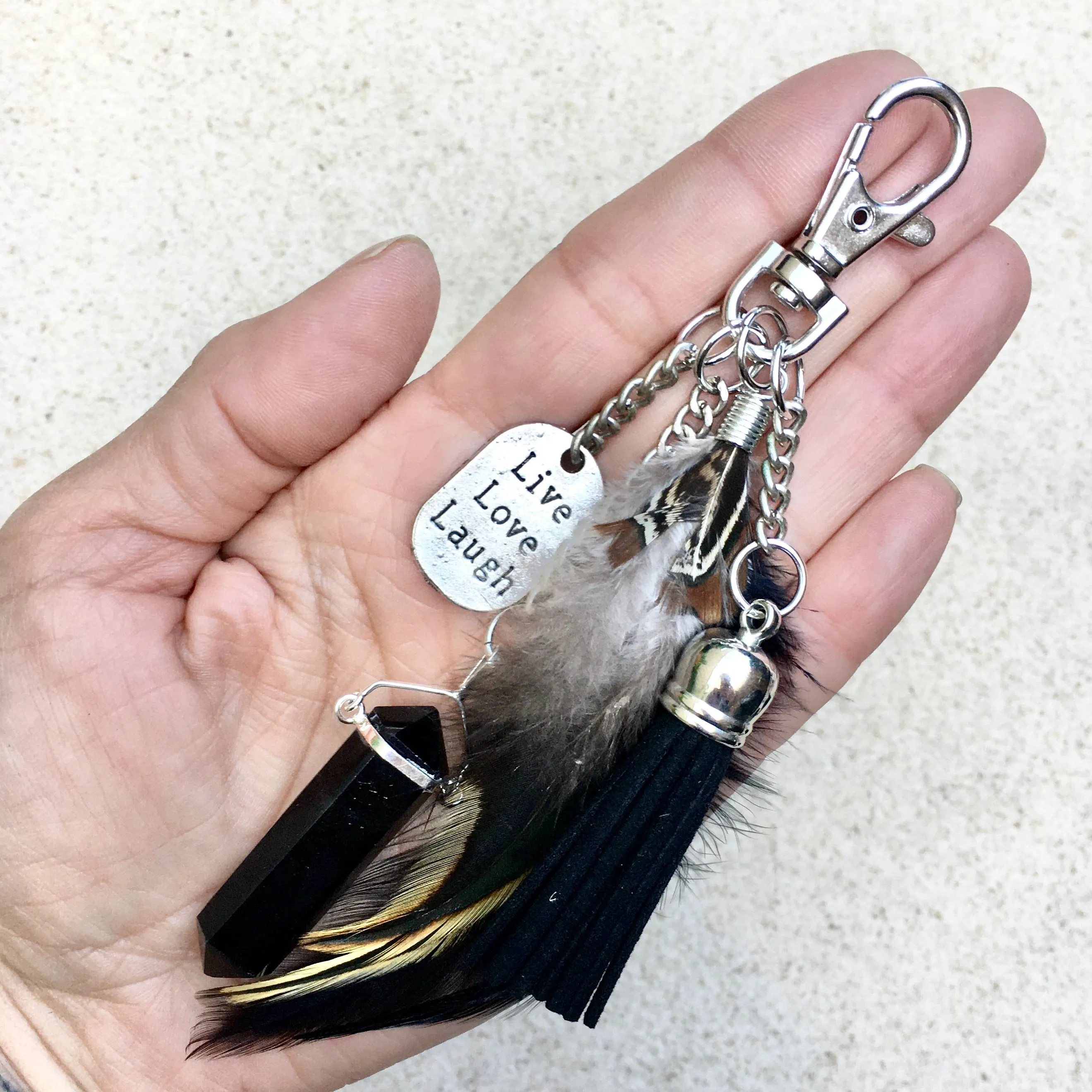 Black Obsidian Crystal Point Keyring Bag Charm