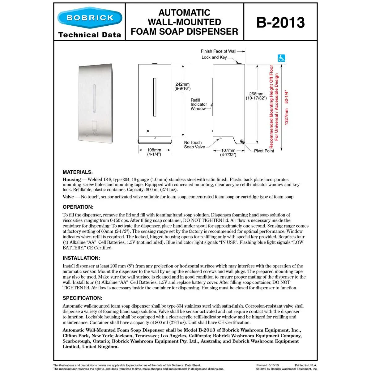 Bobrick B-2013 Automatic Foam Commercial Soap Dispenser, Wall-Mounted