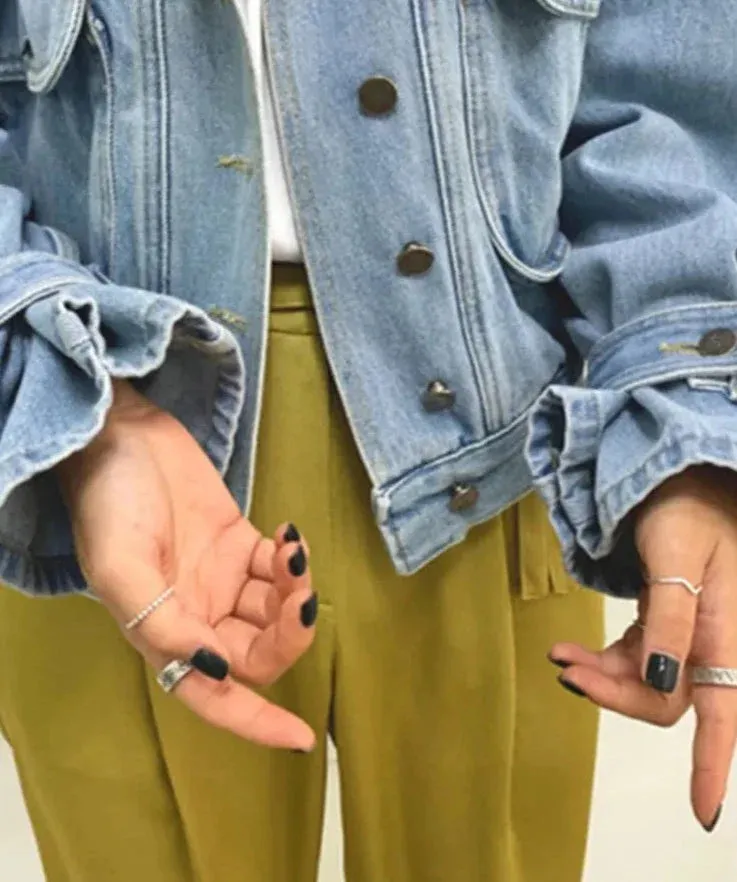 Denim Jacket for Women Loose Single Breasted Turn Down Collar Puff Sleeve Jacket Vintage Korean Fashion Crop Coat