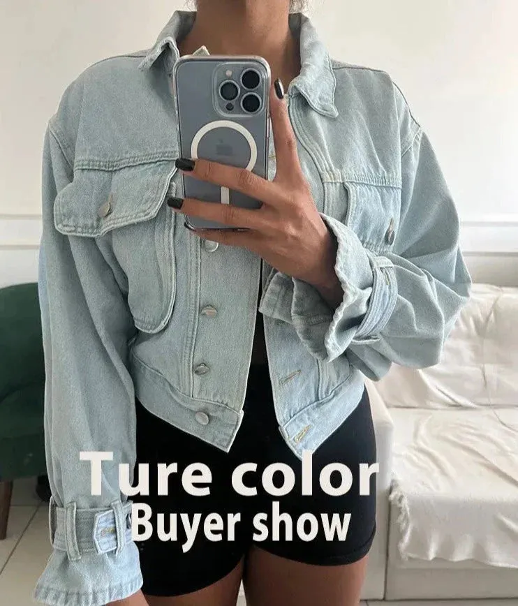 Denim Jacket for Women Loose Single Breasted Turn Down Collar Puff Sleeve Jacket Vintage Korean Fashion Crop Coat