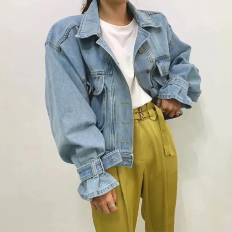Denim Jacket for Women Loose Single Breasted Turn Down Collar Puff Sleeve Jacket Vintage Korean Fashion Crop Coat