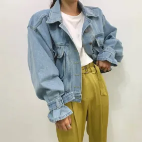 Denim Jacket for Women Loose Single Breasted Turn Down Collar Puff Sleeve Jacket Vintage Korean Fashion Crop Coat