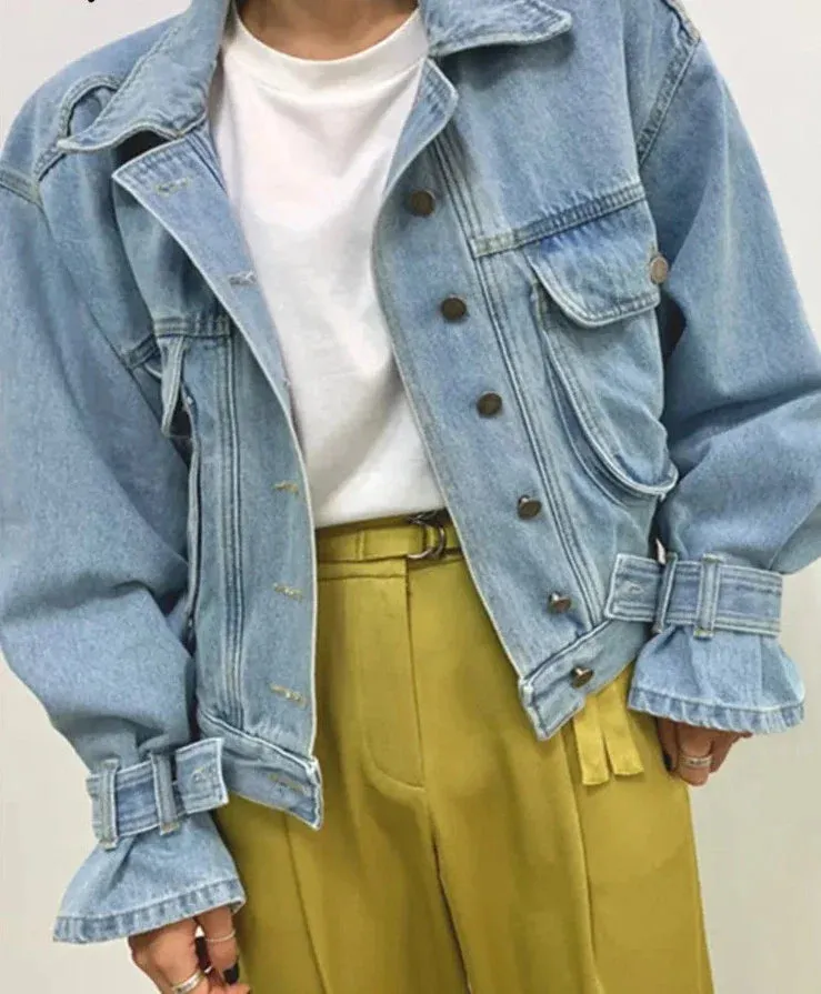 Denim Jacket for Women Loose Single Breasted Turn Down Collar Puff Sleeve Jacket Vintage Korean Fashion Crop Coat
