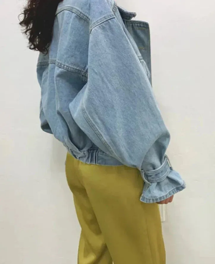Denim Jacket for Women Loose Single Breasted Turn Down Collar Puff Sleeve Jacket Vintage Korean Fashion Crop Coat