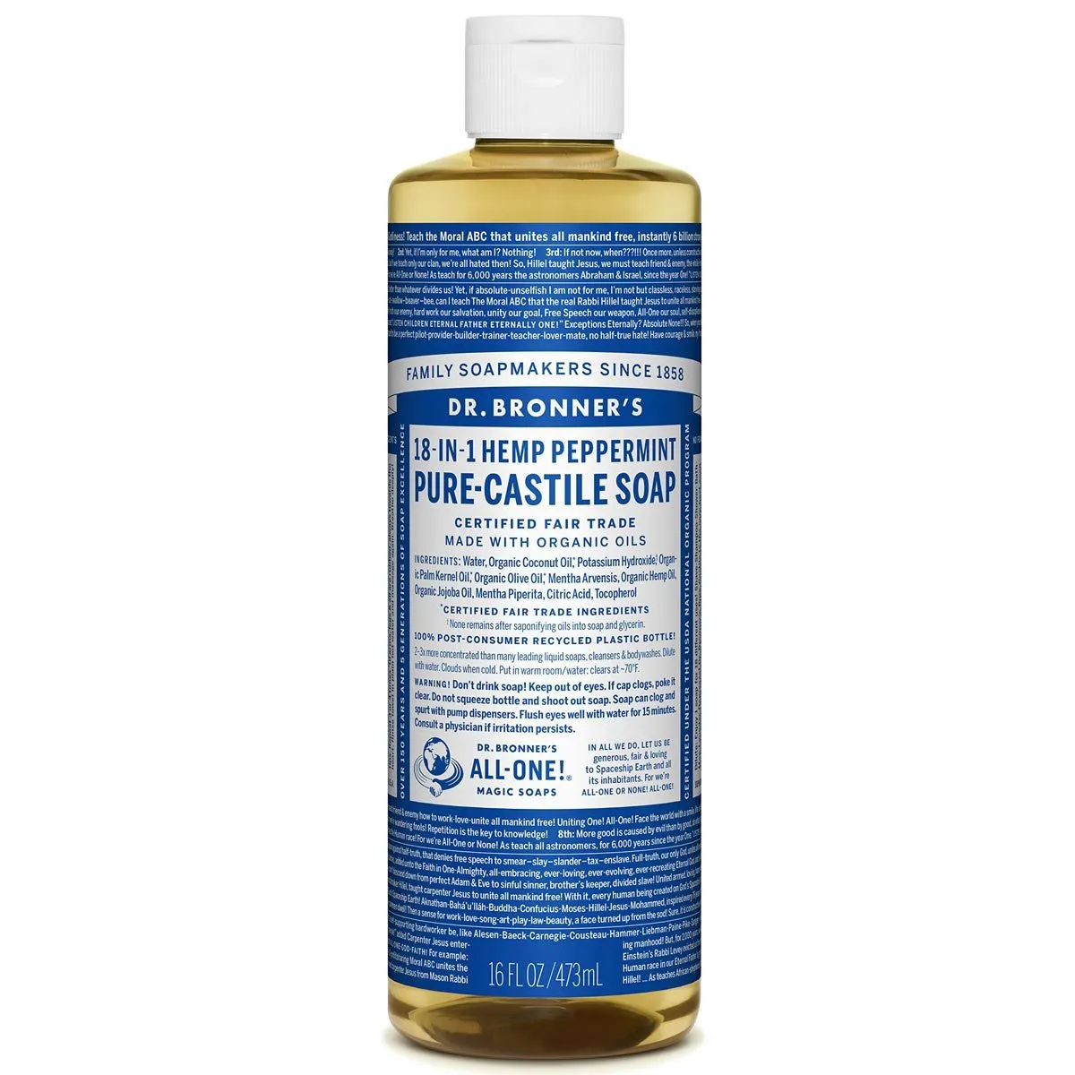 Dr. Bronner's Pure Castille Liquid Soap Peppermint 16 Oz