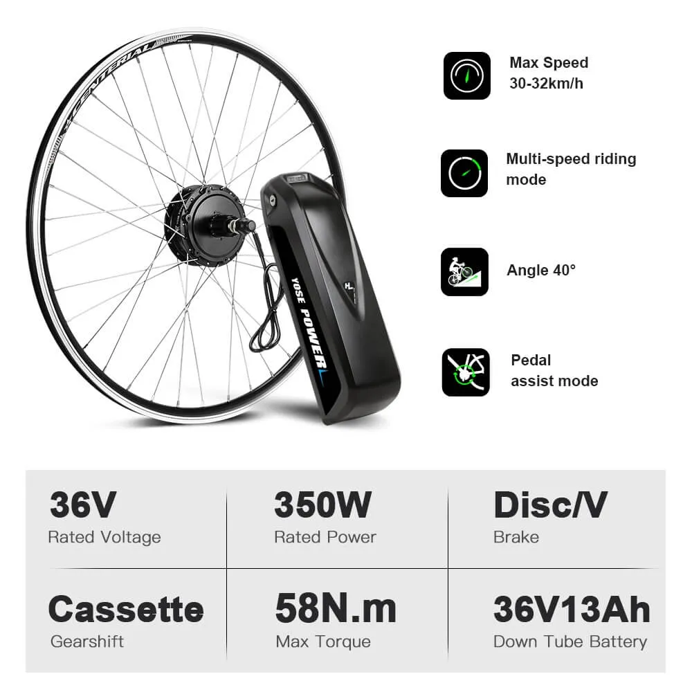 E-Bike Conversion Kit 36V 350W Rear Motor Kit for Cassette with 36V 13Ah Battery and Charger