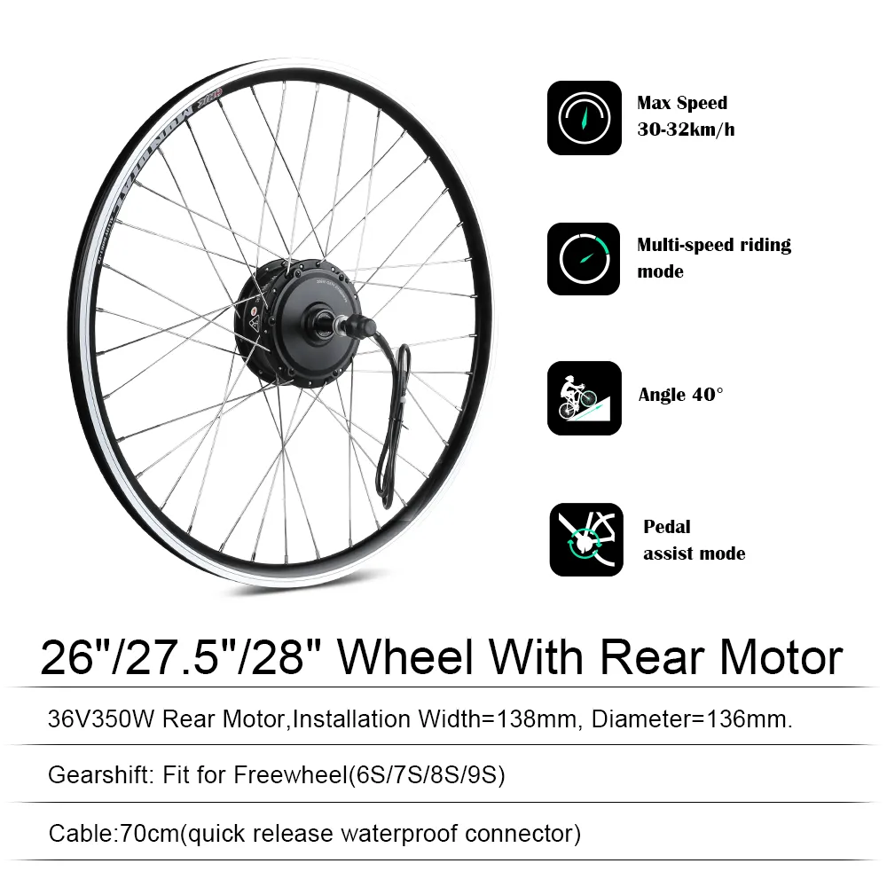 E-Bike Conversion Kit 36V 350W Rear Motor Kit for Freewheel with 36V 13Ah Battery and Charger