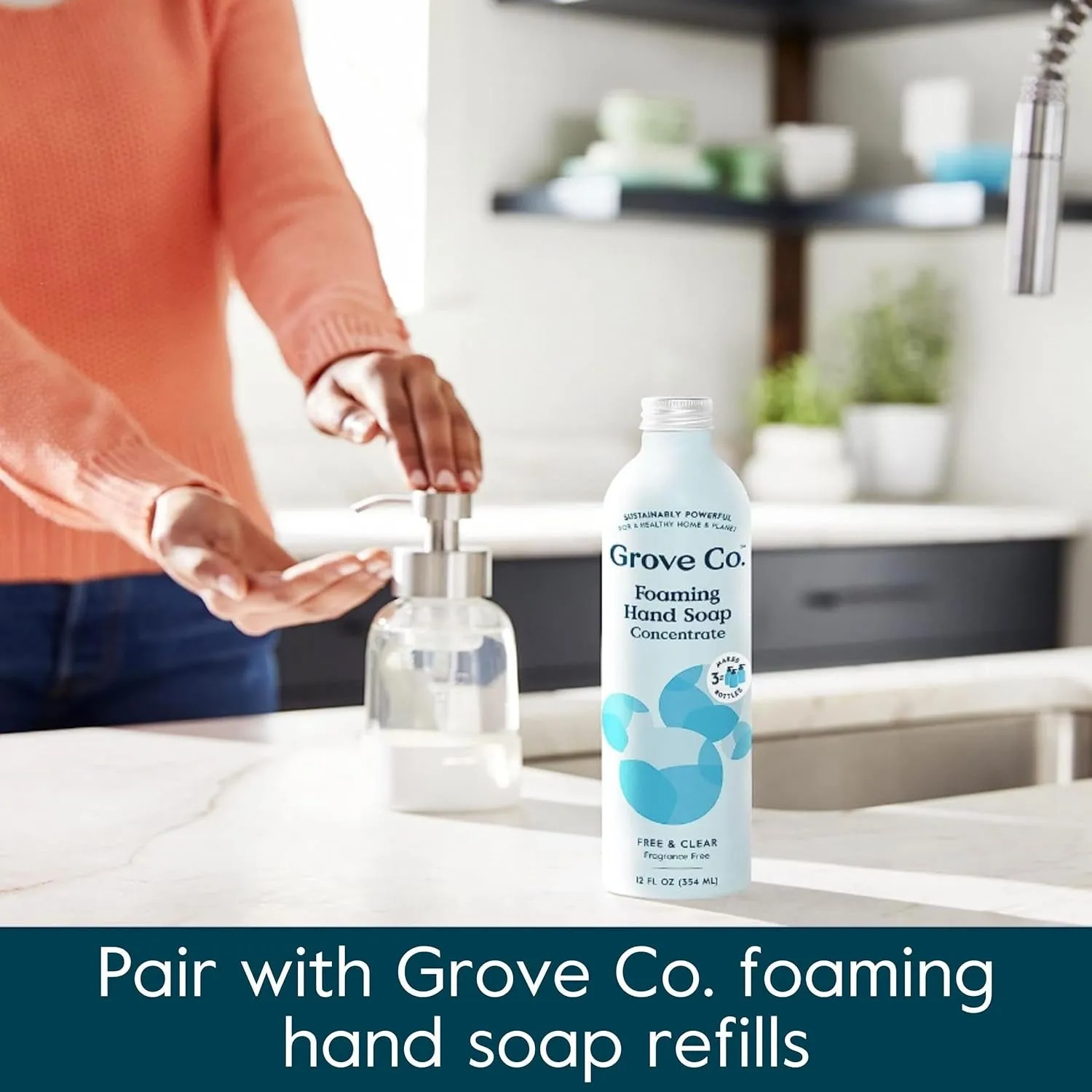 Grove Co. Foaming Soap Dispenser Set - Refillable Glass, Stainless Steel Pump, Reduces Plastic Waste