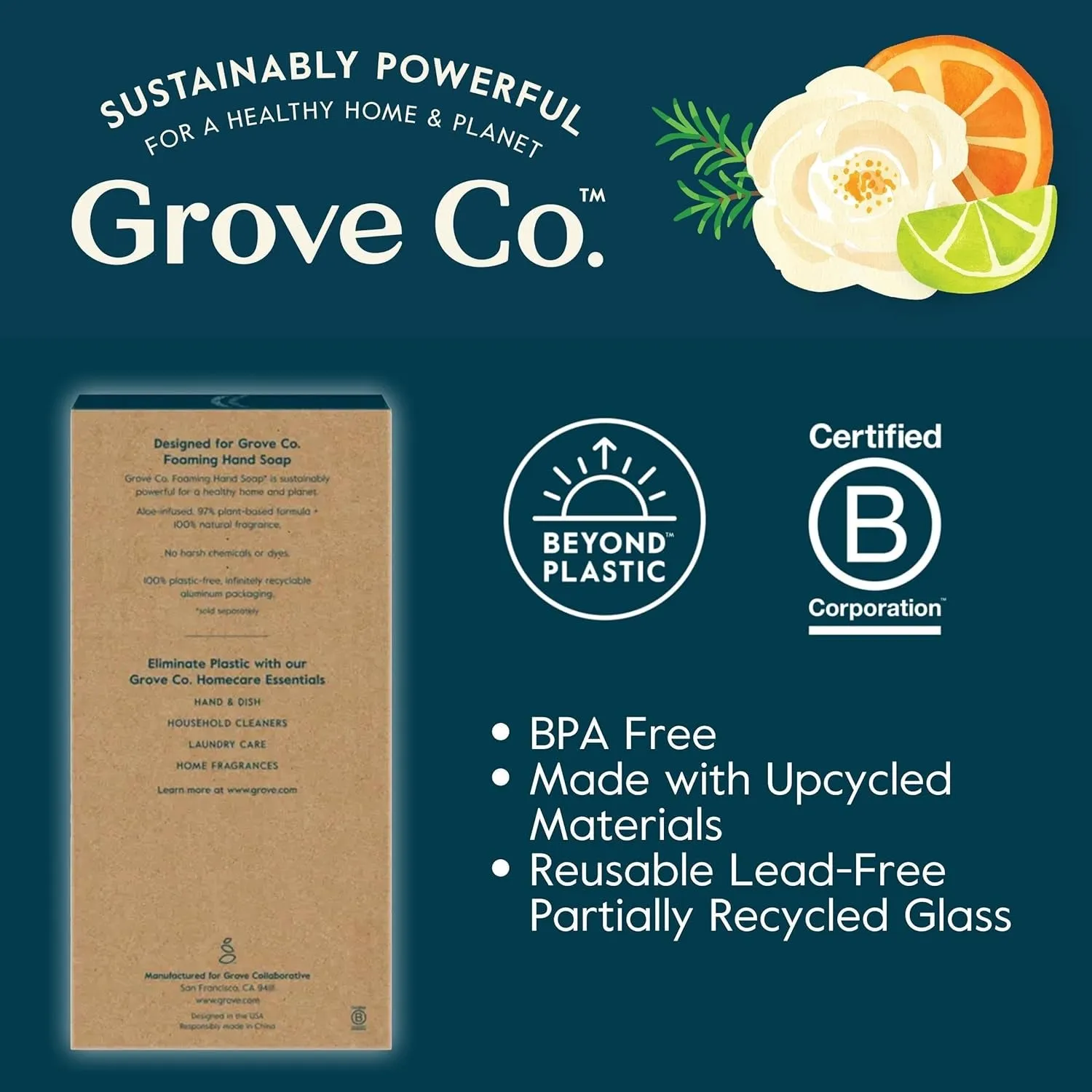 Grove Co. Foaming Soap Dispenser Set - Refillable Glass, Stainless Steel Pump, Reduces Plastic Waste
