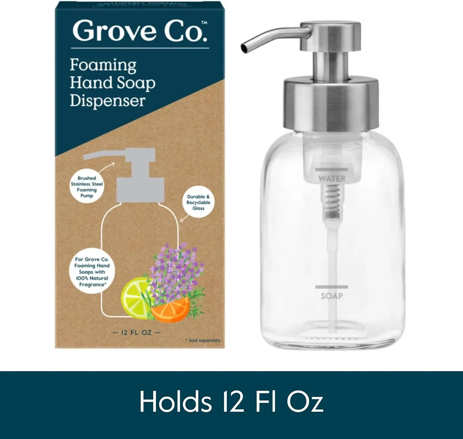 Grove Co. Foaming Soap Dispenser Set - Refillable Glass, Stainless Steel Pump, Reduces Plastic Waste