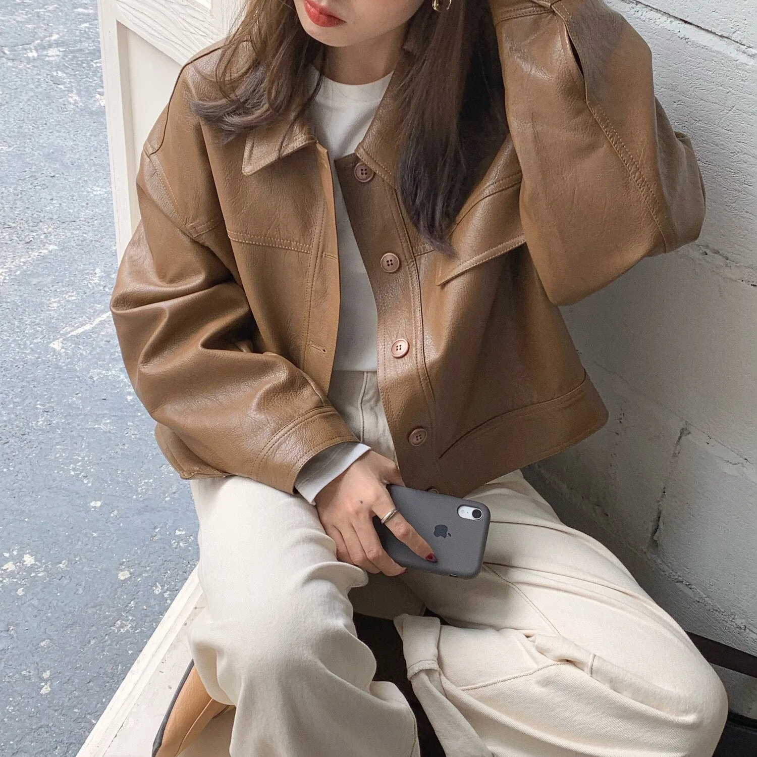 Joskaa New PU Leather Jacket Women Korean Fashion Sweet  Loose Lapel Single-breasted Short Tops Coat Motorcycle Jacket Fall Outfits 2024