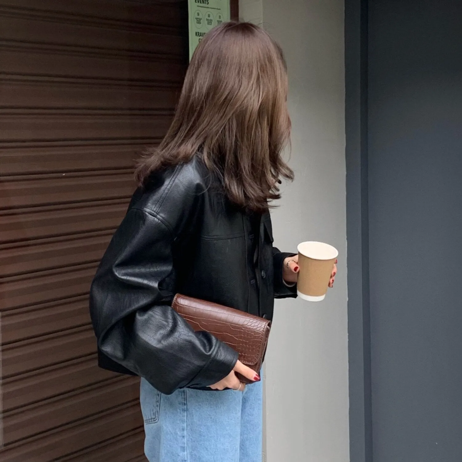 Joskaa New PU Leather Jacket Women Korean Fashion Sweet  Loose Lapel Single-breasted Short Tops Coat Motorcycle Jacket Fall Outfits 2024