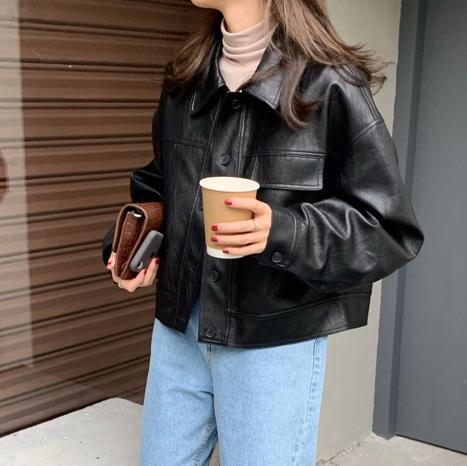 Joskaa New PU Leather Jacket Women Korean Fashion Sweet  Loose Lapel Single-breasted Short Tops Coat Motorcycle Jacket Fall Outfits 2024
