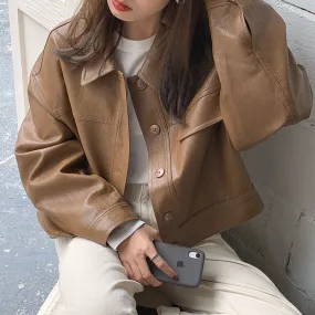 Joskaa Retro Soft PU Leather Jacket Lapel Single-breasted Loose Short Section Motorcycle Jacket Tops Coats Women  Fall Outfits 2024