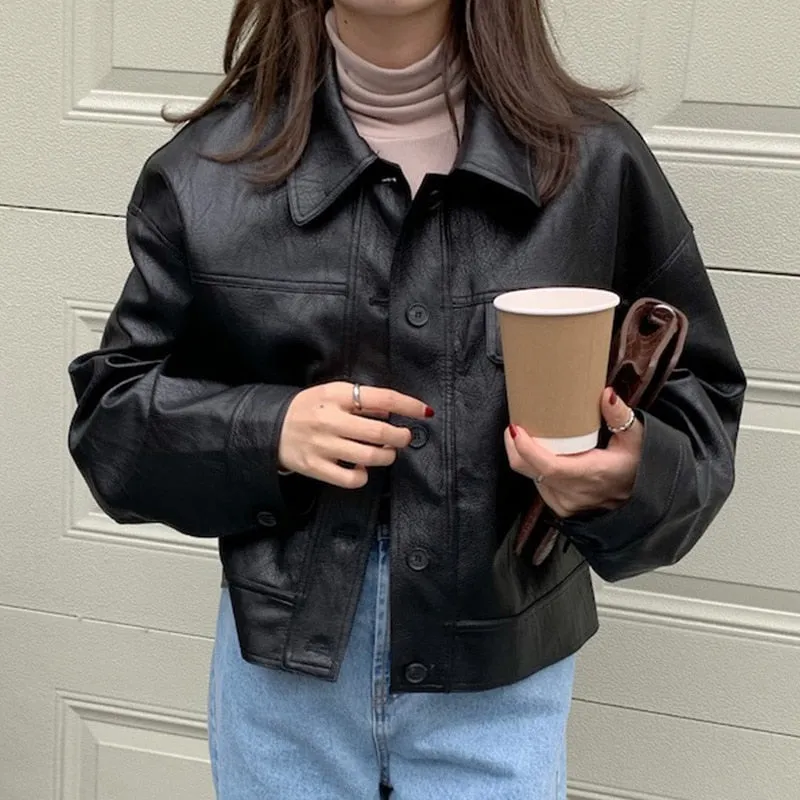 Joskaa Retro Soft PU Leather Jacket Lapel Single-breasted Loose Short Section Motorcycle Jacket Tops Coats Women  Fall Outfits 2024