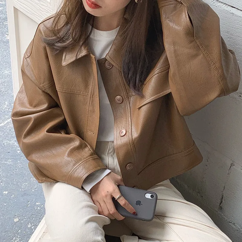Joskaa Retro Soft PU Leather Jacket Lapel Single-breasted Loose Short Section Motorcycle Jacket Tops Coats Women  Fall Outfits 2024