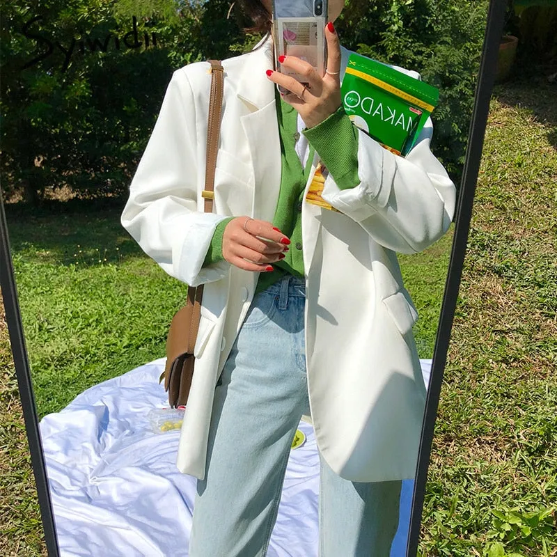 Joskaa Suit Jacket White Blazers for Women Long Sleeve Oversized Coat 2022 Loose Green Blazer Jacket Office Ladies Black Tops