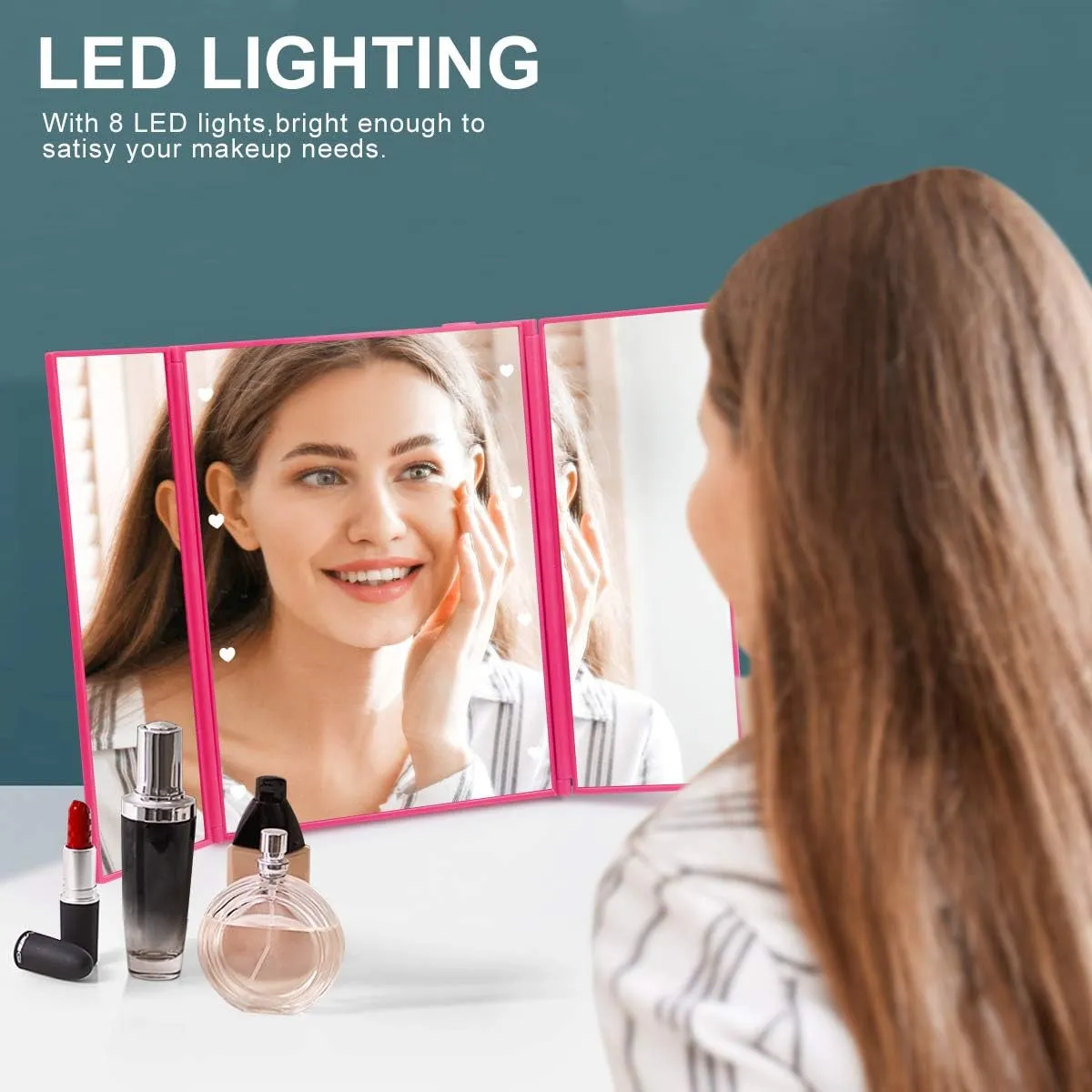 Makeup Mirror Vanity Mirror with Lights, Lighted Makeup Mirror, Touch Control, Trifold Makeup Mirror, Dual Power Supply, Portable LED Makeup Mirror, Women Gift
