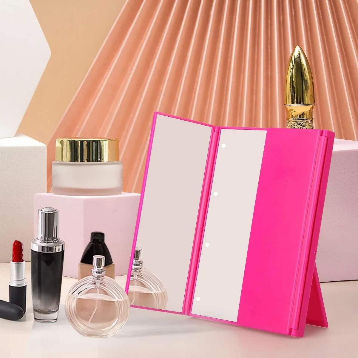 Makeup Mirror Vanity Mirror with Lights, Lighted Makeup Mirror, Touch Control, Trifold Makeup Mirror, Dual Power Supply, Portable LED Makeup Mirror, Women Gift