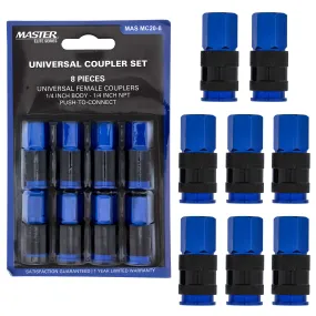 Master Elite Series 8 Piece Universal Air Hose Quick Push Connect Coupler Set with 1/4" NPT Female Threads - Accepts 3 Common Plugs Types, I/M Industrial, T Auto, A ARO