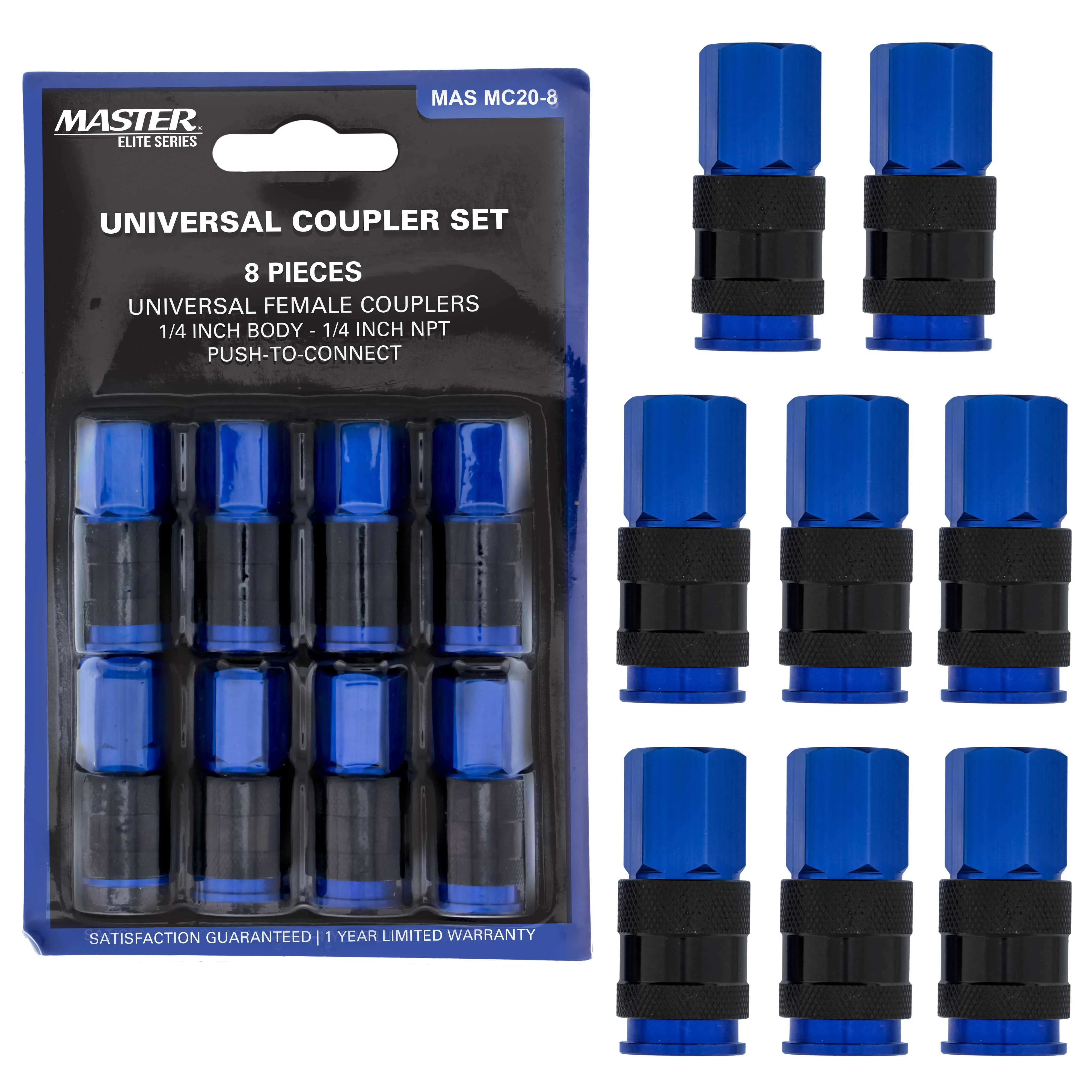 Master Elite Series 8 Piece Universal Air Hose Quick Push Connect Coupler Set with 1/4" NPT Female Threads - Accepts 3 Common Plugs Types, I/M Industrial, T Auto, A ARO