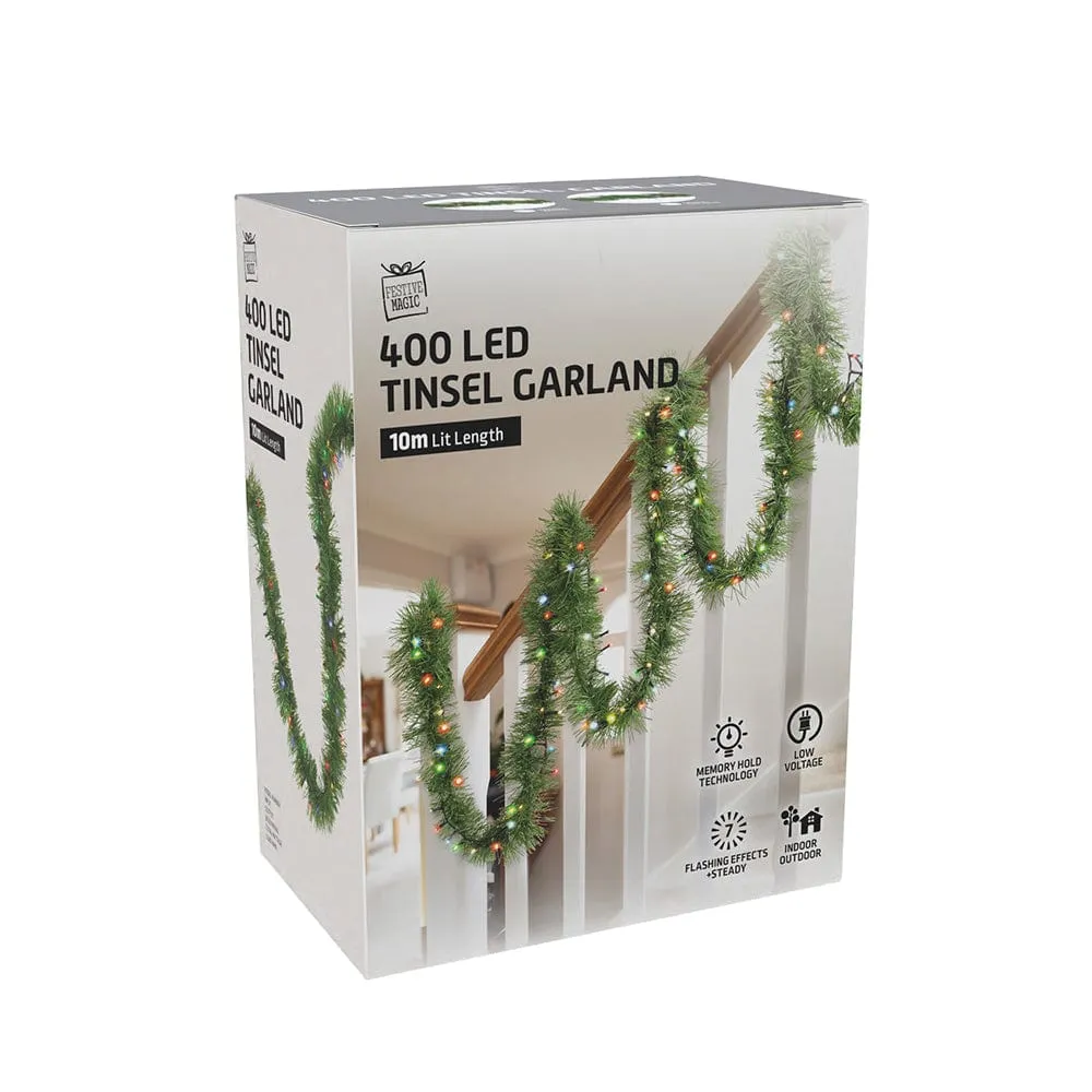 Pre-Lit Tinsel Garland Asst (10m)