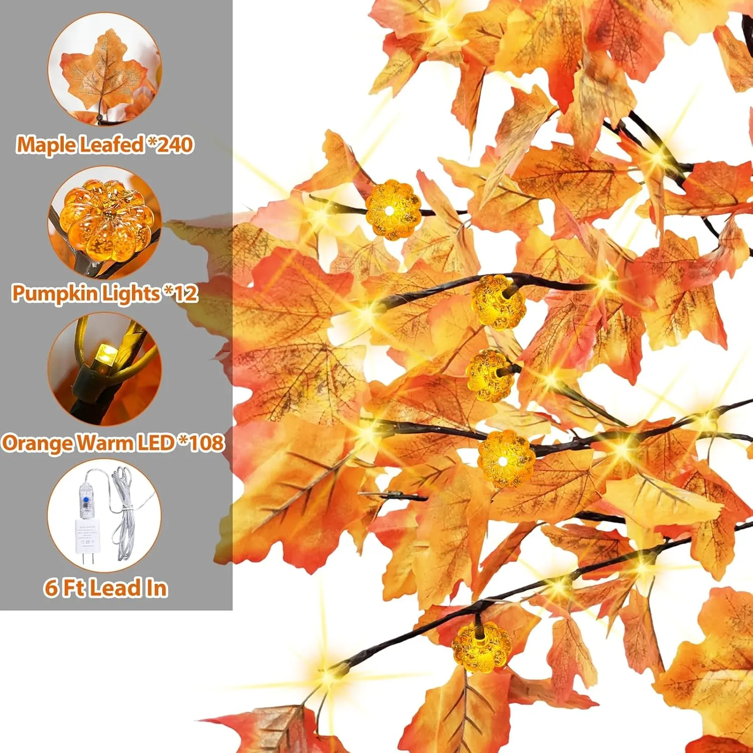 Prelit Fall Maple Tree with 108 Warm White LEDs & 12 Pumpkin Lights – 8 Modes for Indoor/Outdoor Thanksgiving Decor