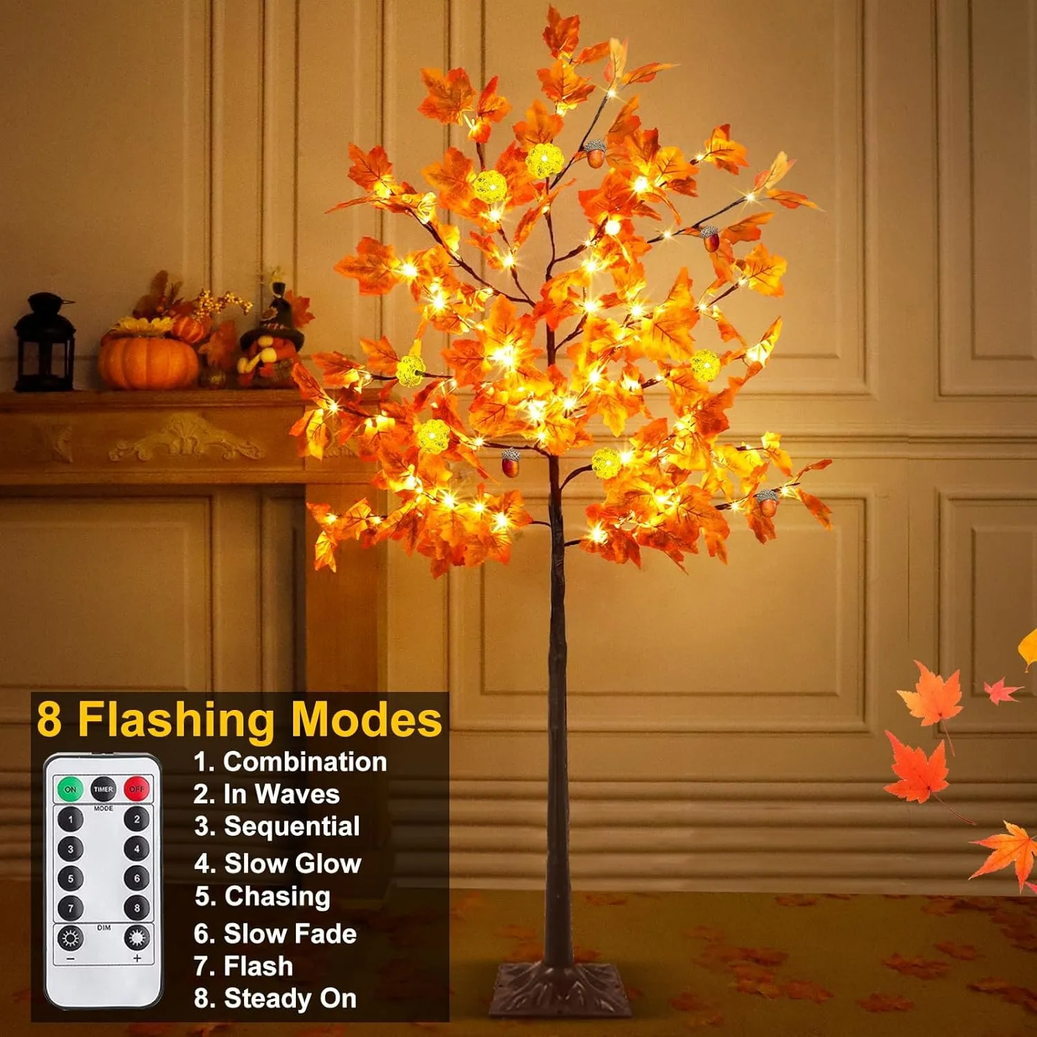 Prelit Fall Maple Tree with 108 Warm White LEDs & 12 Pumpkin Lights – 8 Modes for Indoor/Outdoor Thanksgiving Decor