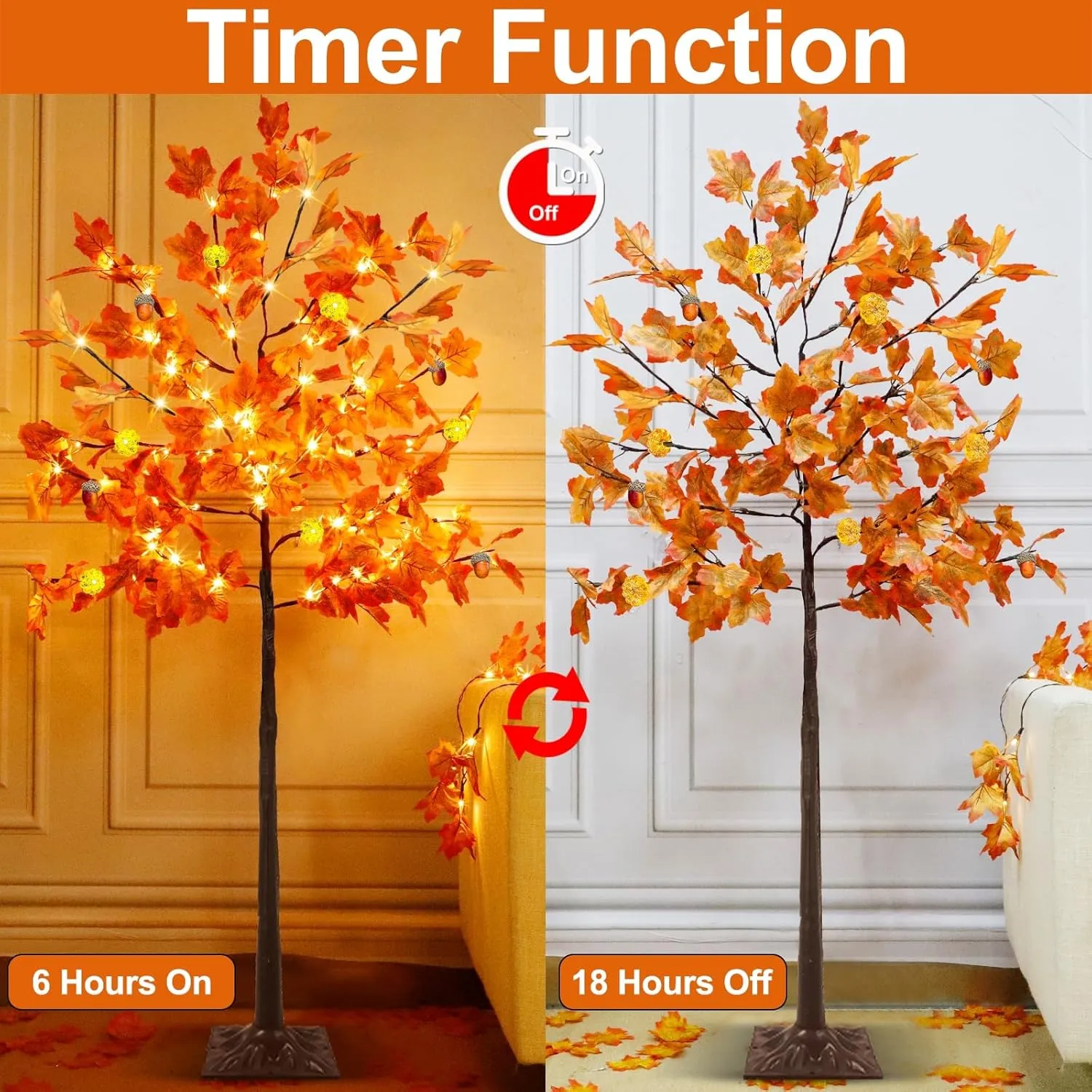 Prelit Fall Maple Tree with 108 Warm White LEDs & 12 Pumpkin Lights – 8 Modes for Indoor/Outdoor Thanksgiving Decor