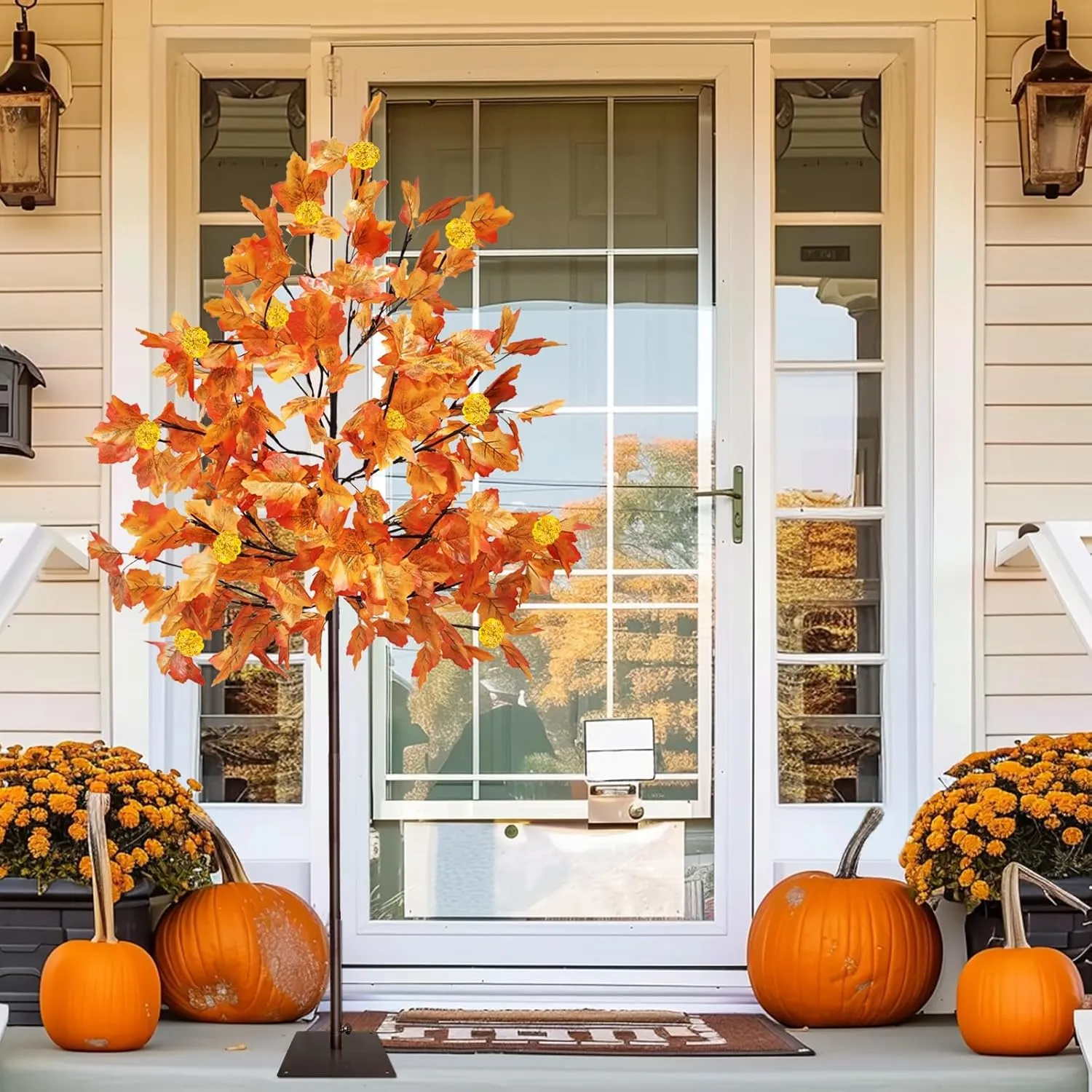 Prelit Fall Maple Tree with 108 Warm White LEDs & 12 Pumpkin Lights – 8 Modes for Indoor/Outdoor Thanksgiving Decor