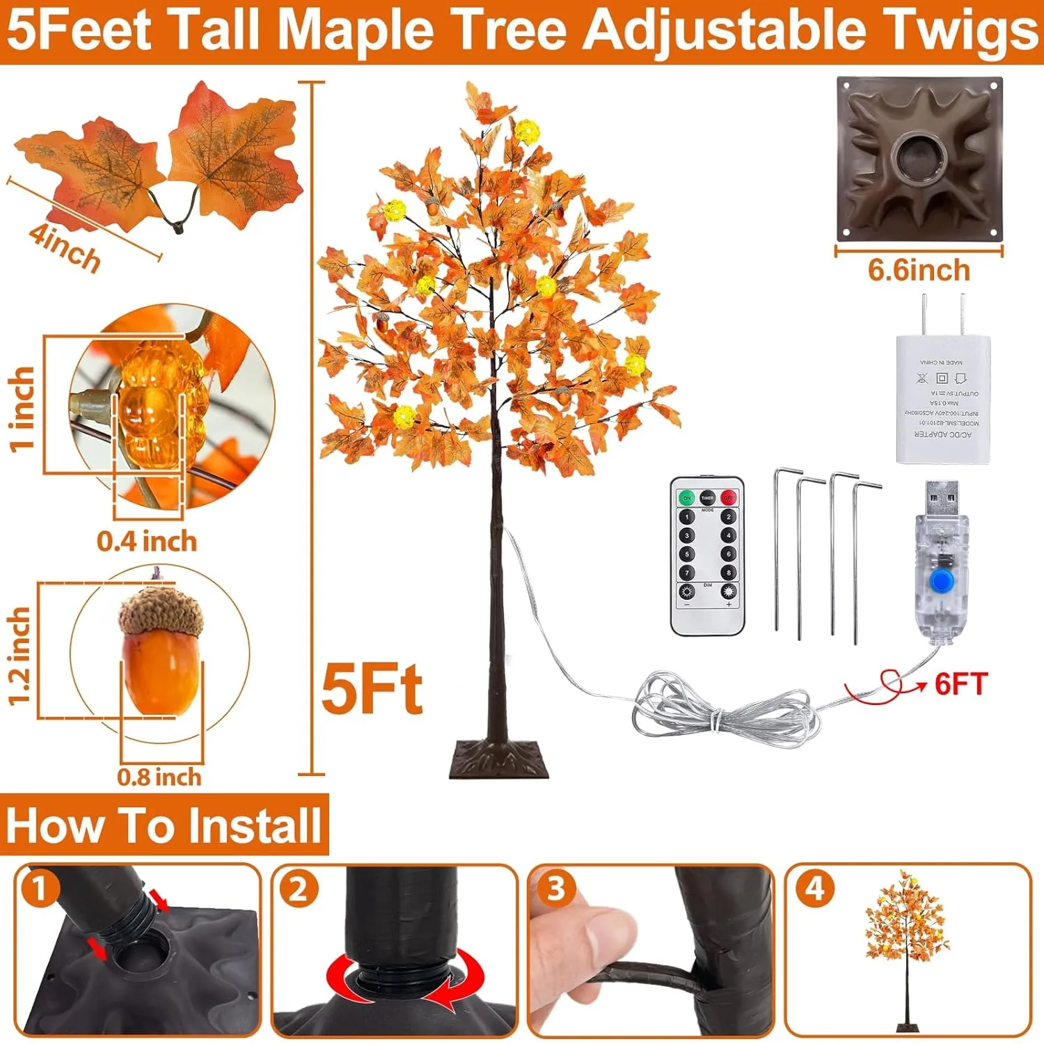 Prelit Fall Maple Tree with 108 Warm White LEDs & 12 Pumpkin Lights – 8 Modes for Indoor/Outdoor Thanksgiving Decor