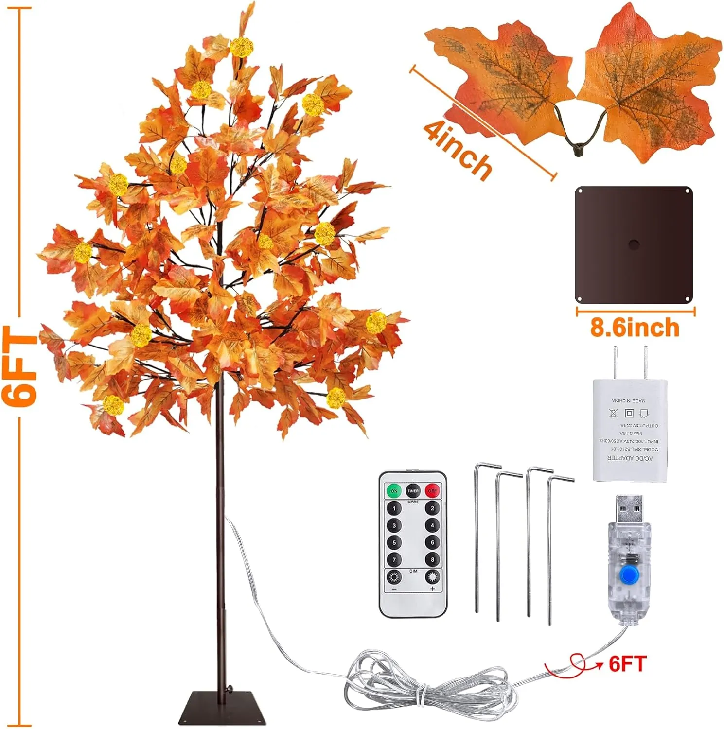 Prelit Fall Maple Tree with 108 Warm White LEDs & 12 Pumpkin Lights – 8 Modes for Indoor/Outdoor Thanksgiving Decor