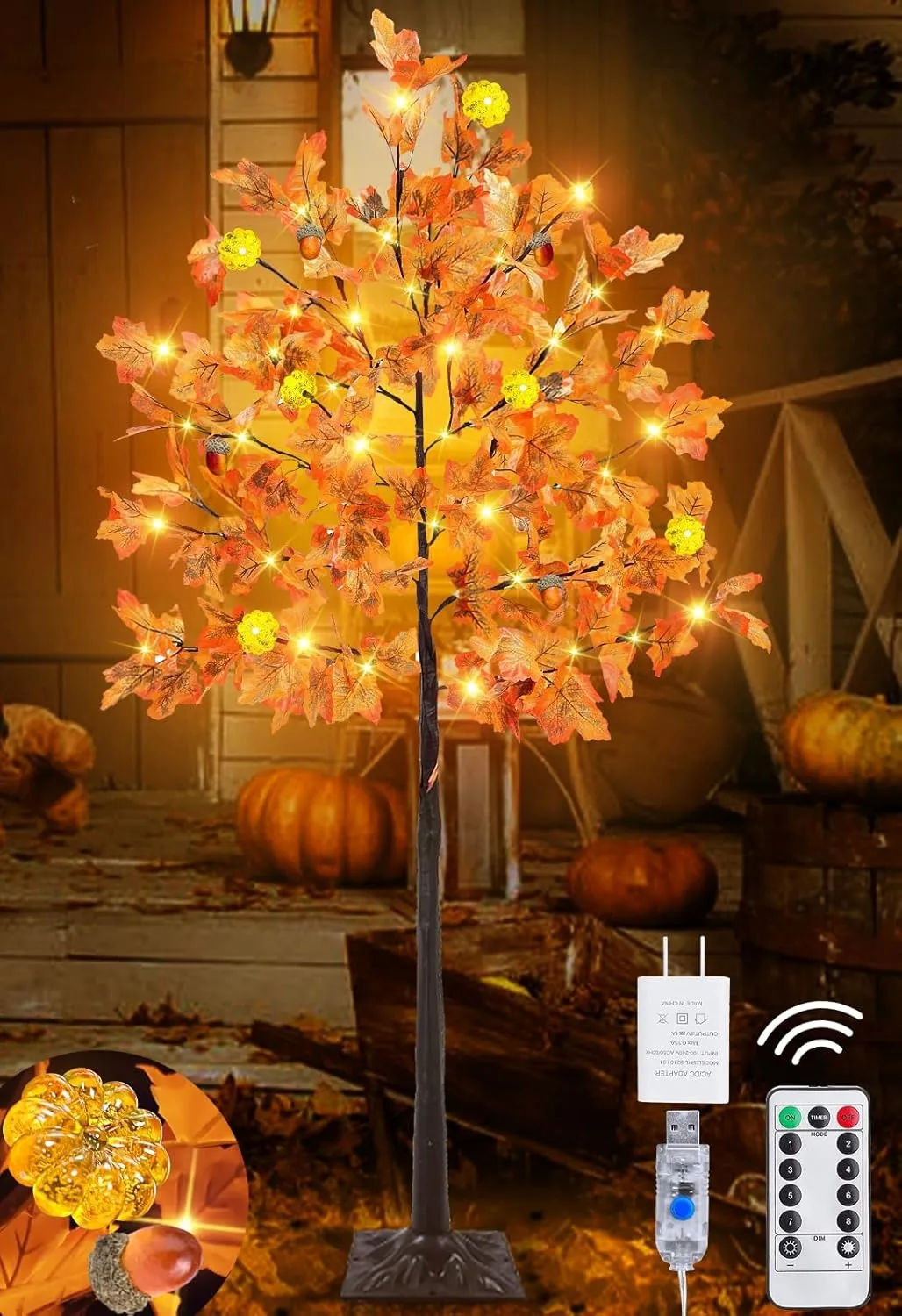 Prelit Fall Maple Tree with 108 Warm White LEDs & 12 Pumpkin Lights – 8 Modes for Indoor/Outdoor Thanksgiving Decor