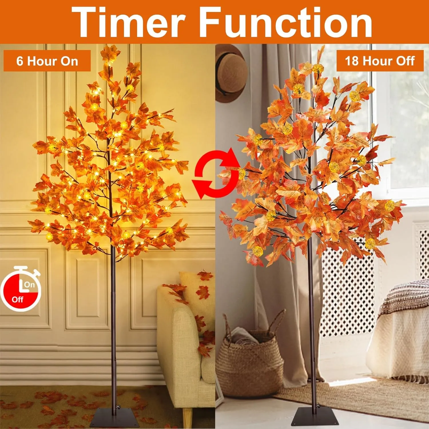 Prelit Fall Maple Tree with 108 Warm White LEDs & 12 Pumpkin Lights – 8 Modes for Indoor/Outdoor Thanksgiving Decor