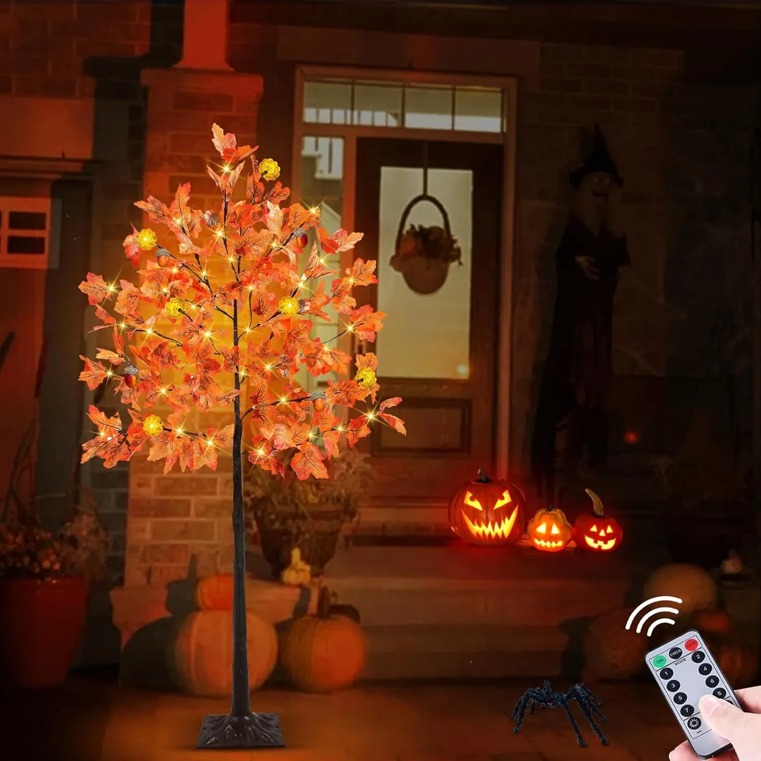 Prelit Fall Maple Tree with 108 Warm White LEDs & 12 Pumpkin Lights – 8 Modes for Indoor/Outdoor Thanksgiving Decor