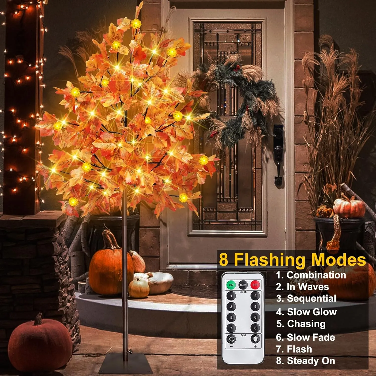 Prelit Fall Maple Tree with 108 Warm White LEDs & 12 Pumpkin Lights – 8 Modes for Indoor/Outdoor Thanksgiving Decor