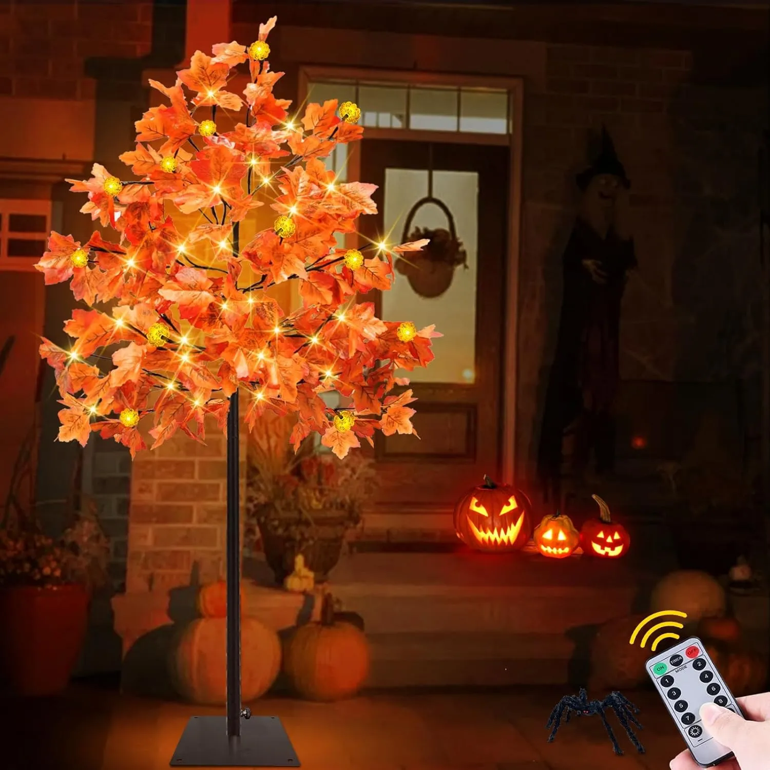 Prelit Fall Maple Tree with 108 Warm White LEDs & 12 Pumpkin Lights – 8 Modes for Indoor/Outdoor Thanksgiving Decor