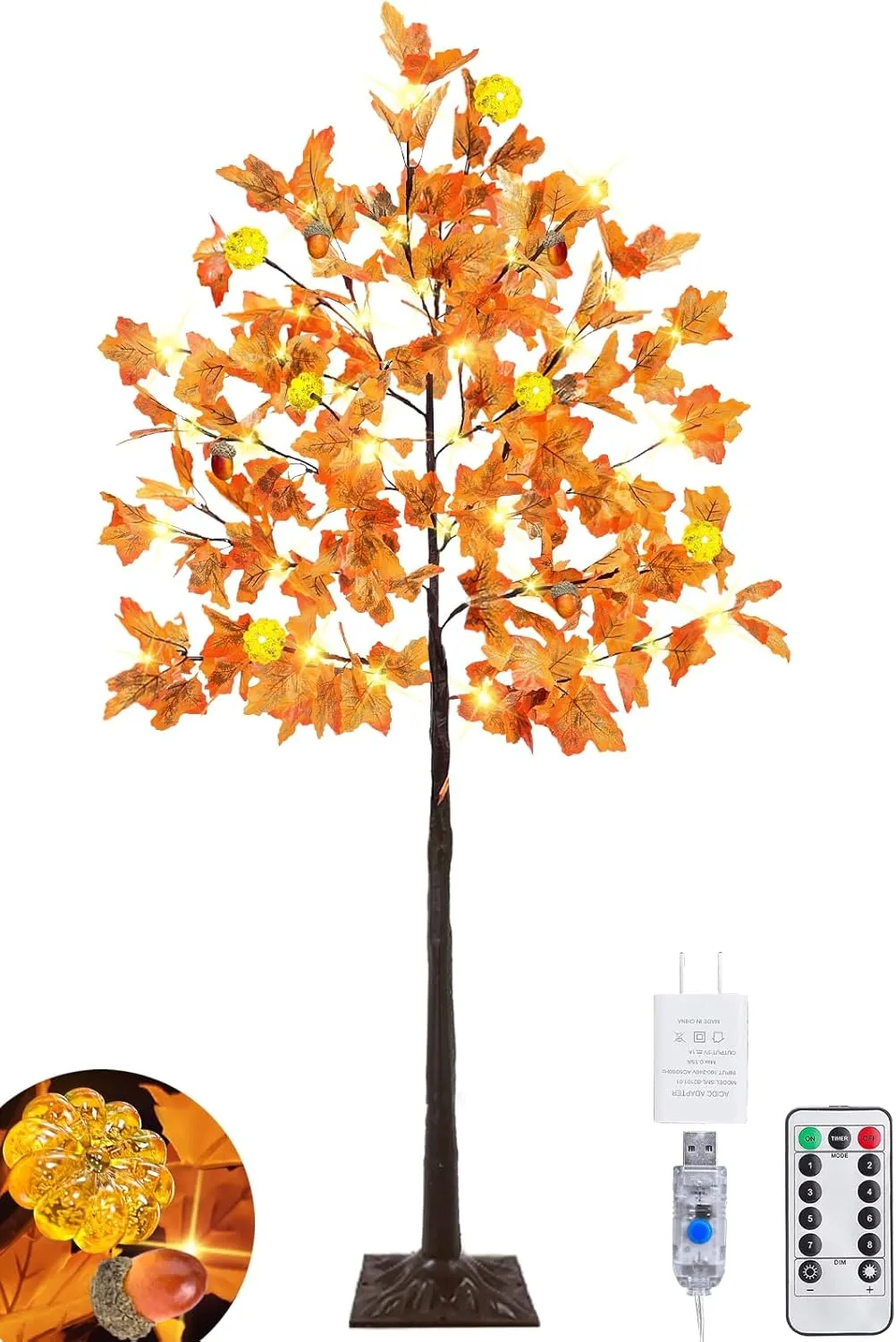 Prelit Fall Maple Tree with 108 Warm White LEDs & 12 Pumpkin Lights – 8 Modes for Indoor/Outdoor Thanksgiving Decor