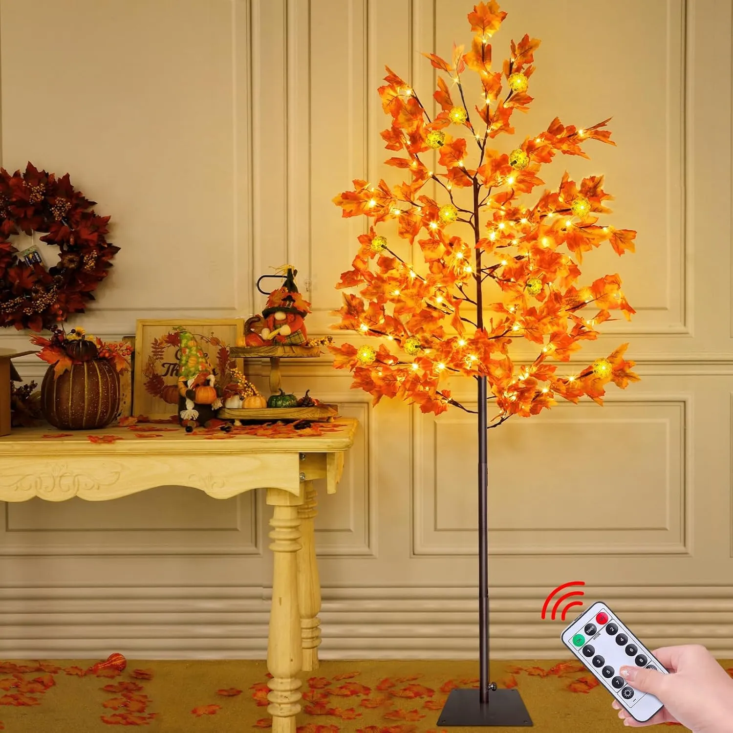 Prelit Fall Maple Tree with 108 Warm White LEDs & 12 Pumpkin Lights – 8 Modes for Indoor/Outdoor Thanksgiving Decor