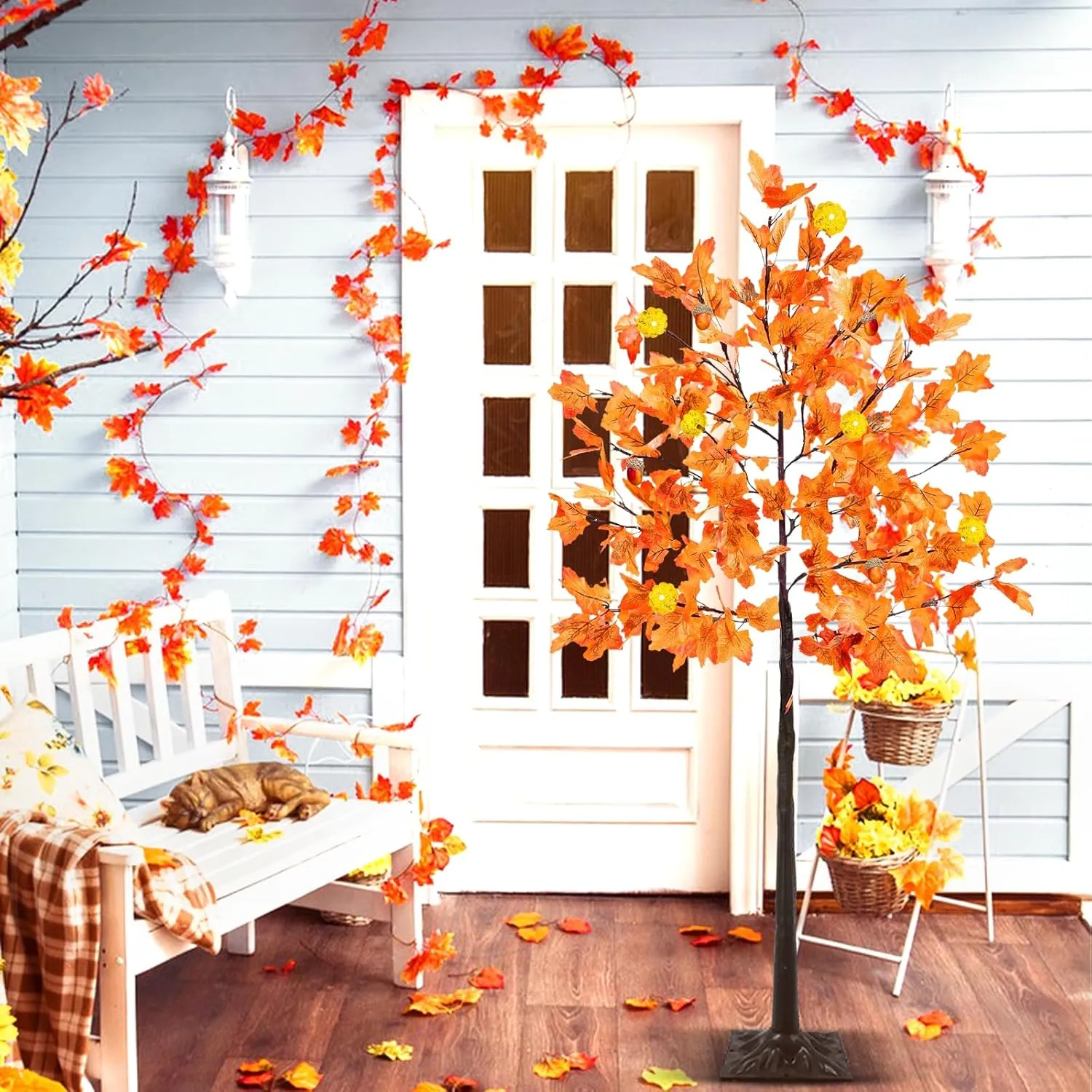 Prelit Fall Maple Tree with 108 Warm White LEDs & 12 Pumpkin Lights – 8 Modes for Indoor/Outdoor Thanksgiving Decor