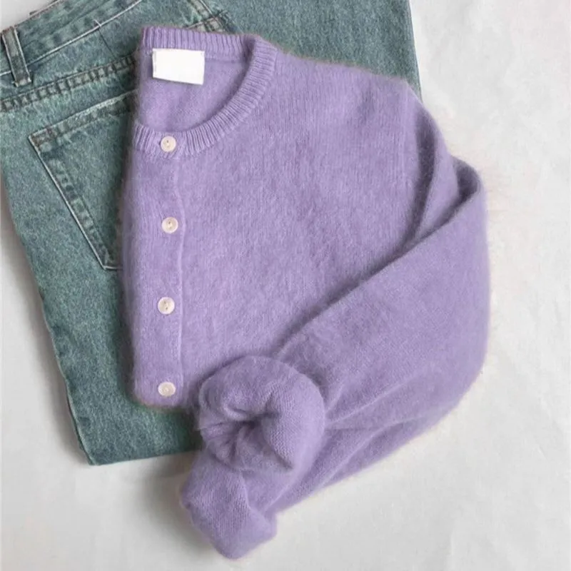 Purpdrank - Mohair Knitted Cardigan Vintage Women Autumn Outwear Sweater Coat Loose Knitted Sweater Elegant Long Sleeve Tops