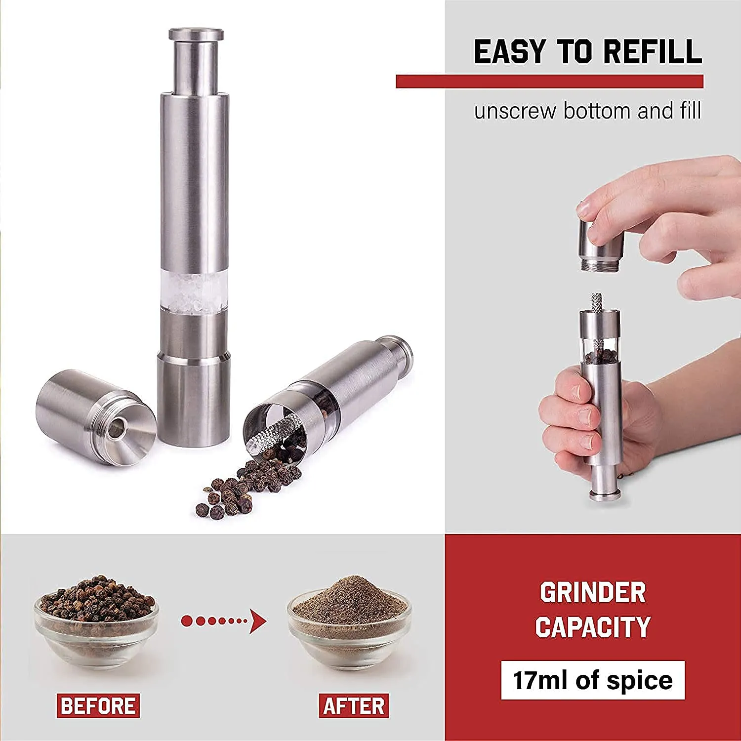 Stainless Steel Thumb Presser Salt & Pepper Grinder