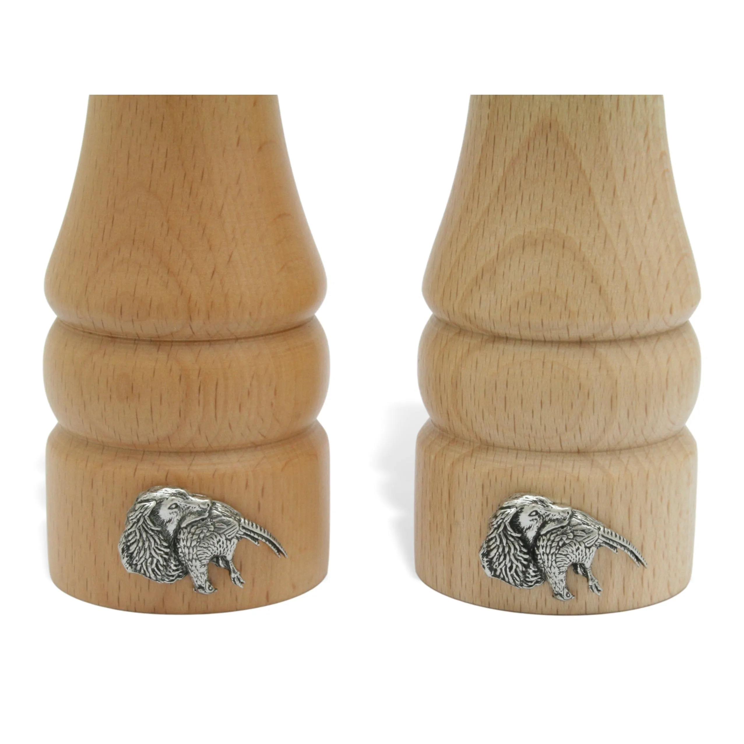 Wooden Salt & Pepper Grinders With Spaniel And Pheasant Motif
